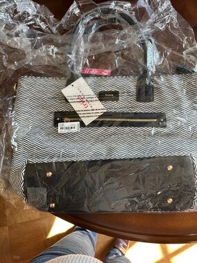 Trina Turk Black and White Chevron Tote with Gold Accents